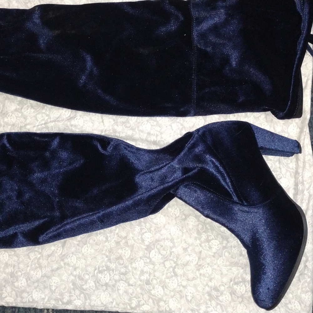 Navy Blue Heeled Velvet Over-the-Knee Boots